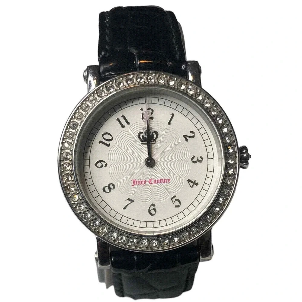 Juicy Couture Women's Watch Black Leather‎ Band Rhinestone Bezel Crown Logo
